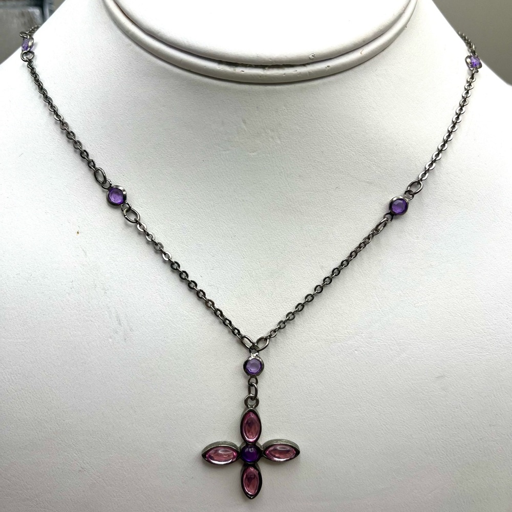 Elegant Purple and Blackened Silver Cross Necklace Luxe Necklace Gift
